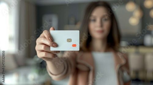 Woman presenting bank card, focused foreground, blurred background