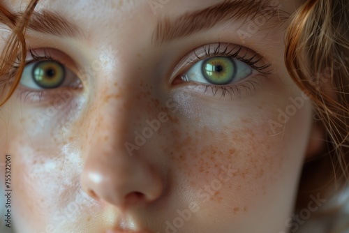portrait of a ginger haired curly girl with freckles and heterochromia, green eyes. Concept human diversity.