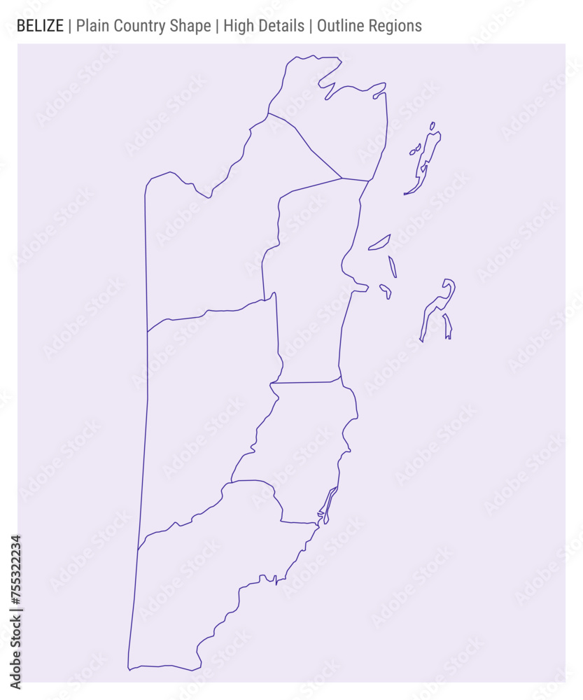 Fototapeta premium Belize plain country map. High details. Outline regions style. Shape of Belize. Vector illustration.