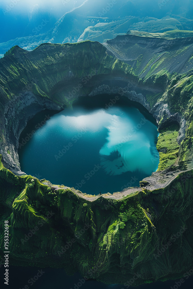 Aerial view of a giant volcano crater - obrazy, fototapety, plakaty 
