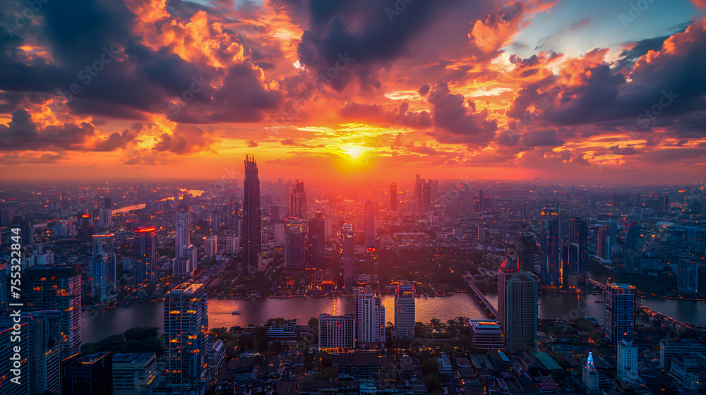 Fototapeta premium Aerial view of skyscrapers at sunset