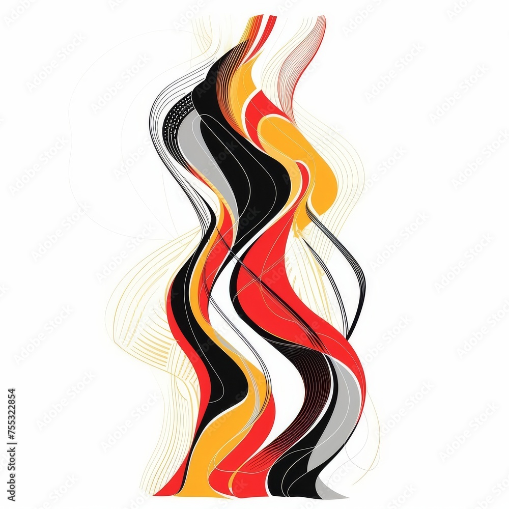 Generative AI image of a flame shape where a handball transforms slowly into abstract lines, vector illustration on white background, colors black and red and yellow and orange