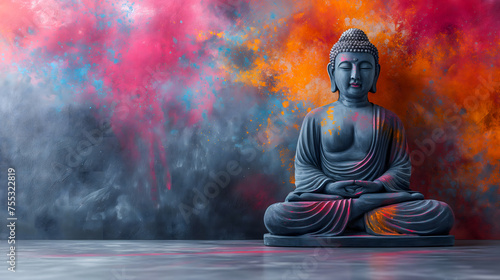 Buddha statue with colorful smoke background