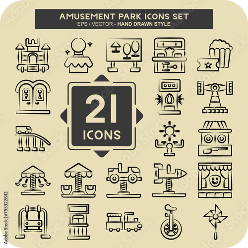 Icon Set Amusement Park. related to Circus symbol. hand drawn style. simple design editable. simple illustration