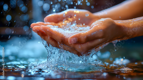 Close up of woman washing her hands with water. Focus on hands.