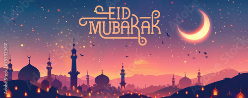 Eid Mubarak Night Skyline with Crescent Moon, Greeting card design 