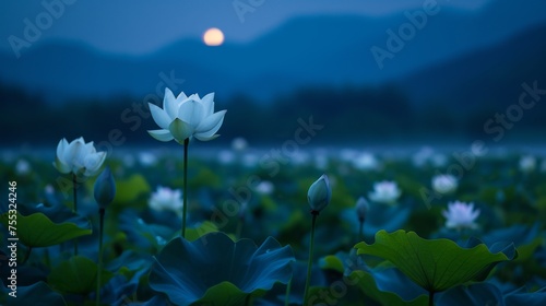 Generative AI image of A beautiful Czech night view with Lotus flowers blooming under moonlight