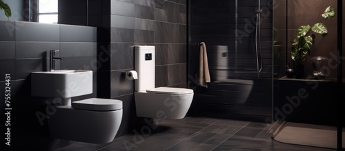 This bathroom features two toilets and a shower stall. The black tiles provide a modern and sleek look to the space  while the fixtures offer functionality for multiple users.