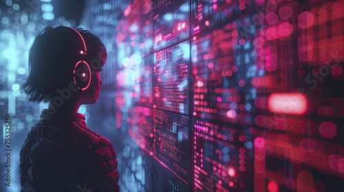 A conceptual scene depicting AI-generated content being filtered for ethical compliance before public release, with a neon tone and digital graphic technology style. photo