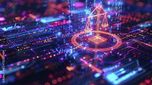 A dynamic image of a legal framework enveloping AI technologies, representing the rule of law in the digital age, neon tone, digital graphic technology style.