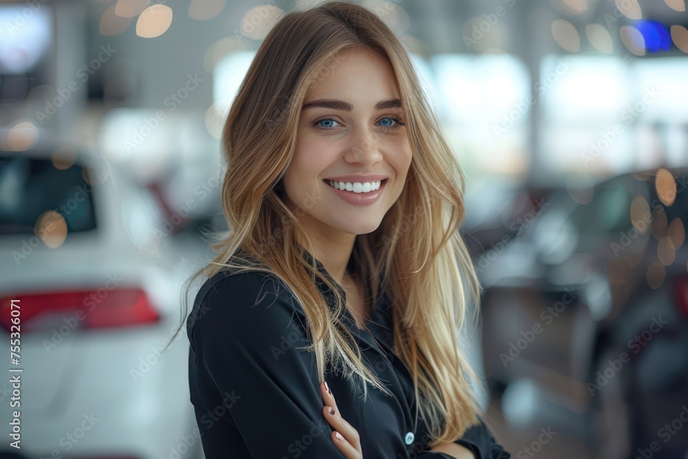 Professional luxury car saleswoman in luxury showroom. Auto dealership office. Car dealer business. Smiling woman in showroom. Expensive car. Automotive industry. Luxury car agent.