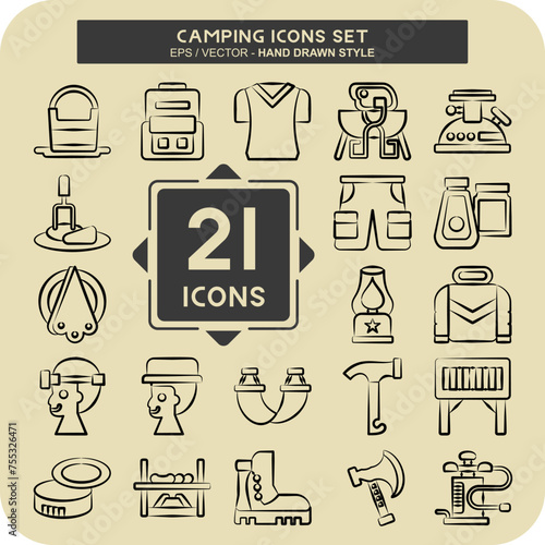 Icon Set Camping. related to Adventure symbol. hand drawn style. simple design editable. simple illustration