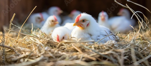 A group of white chickens, part of a flock at a German bio farm, are seen perched on top of a stack of hay. The chickens are comfortably seated, possibly resting or enjoying the view around them.