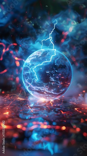 Lightning Sphere Surrounding Earth in Abstract  Sci-Fi Style with Blue and Red Lighting Effects