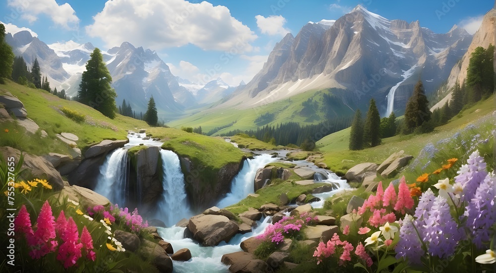 A majestic waterfall cascading down a lush green mountainside,A dynamic and powerful waterfall, with rushing water creating a misty sp surrounded by blooming wildflowers and the fresh scent of spring. - obrazy, fototapety, plakaty 