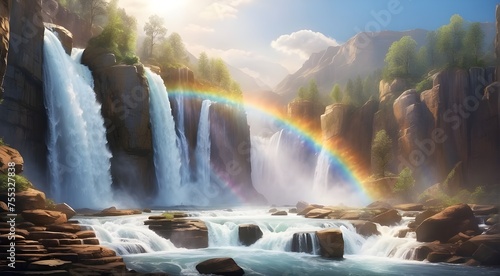 A dynamic and powerful waterfall, with rushing water creating a misty spray and rainbows dancing in the sunlight. © Waqasiii_Arts 
