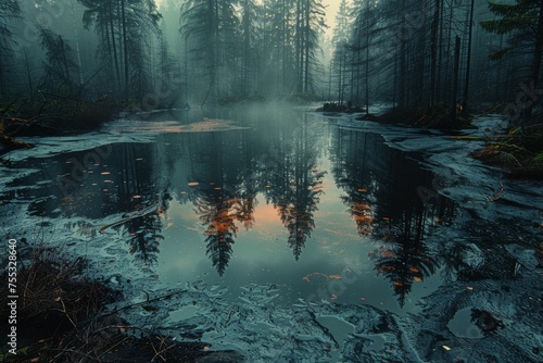 A haunting scene unfolds as oil stains mar the pristine surface of the water in forest, environmental devastation caused by oil spills © Kmikhidov