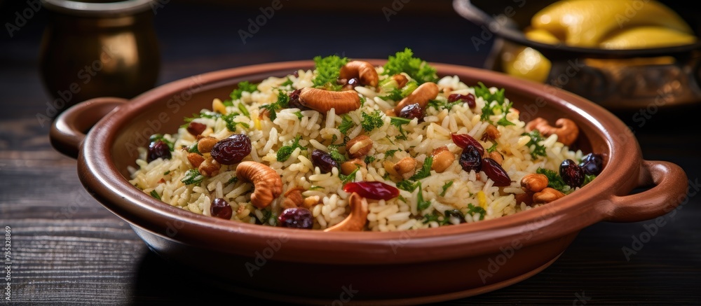 A brown bowl filled with Turkish ic pilav, a savory dish made with rice, pine nuts, and currants, creating a rich and aromatic blend of flavors and textures.