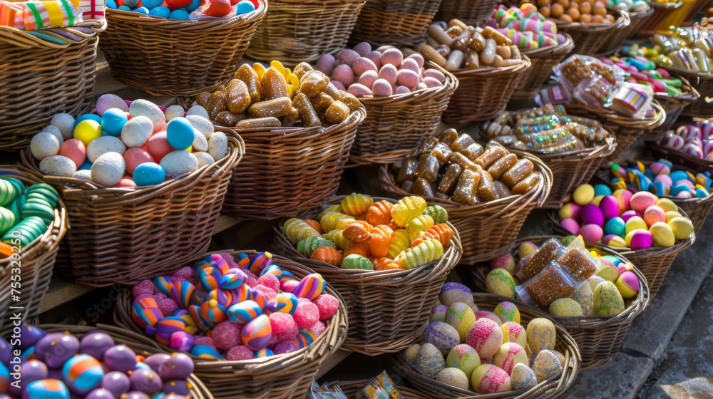 Rows of baskets filled with assorted candy and treats ready to be given as gifts or enjoyed by loved ones during Easter celebrations.