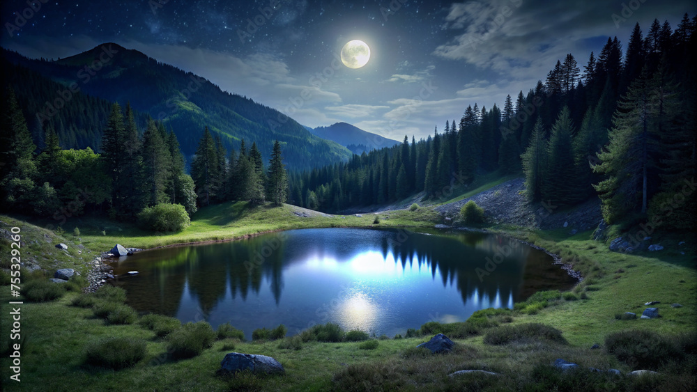 
Night lake in a forest in the mountains on a grassy area with low greenery. The moon sets the lake on fire