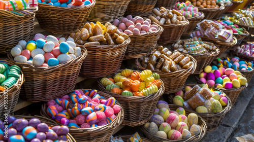 Rows of baskets filled with assorted candy and treats ready to be given as gifts or enjoyed by loved ones during Easter celebrations.