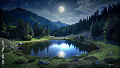  Night lake in a forest in the mountains on a grassy area with low greenery. The moon sets the lake on fire