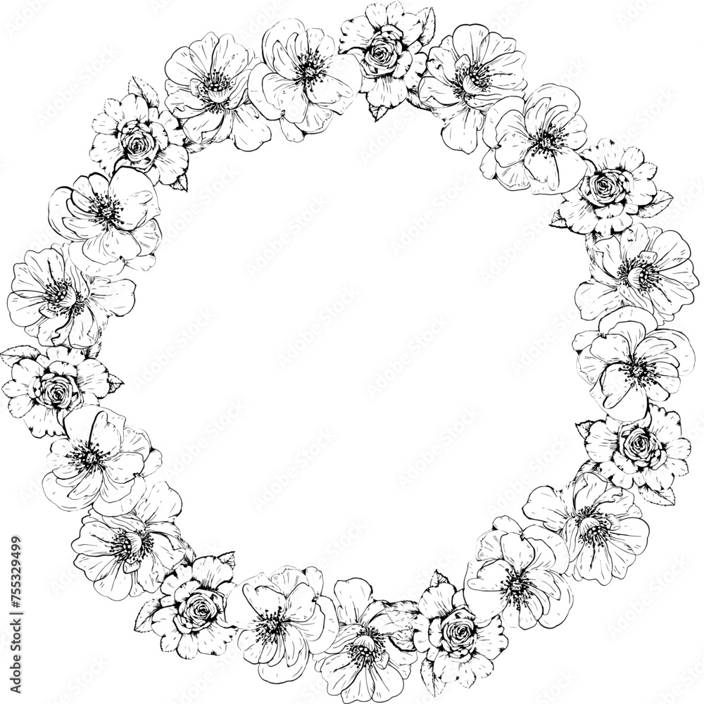 Hand drawn flower wreath illustration on transparent background.