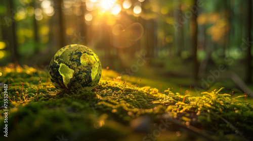 Environment, society and governance Environment . Green Globe In Forest With Moss And Defocused Abstract Sunlight icons energy sources for renewable, sustainable development. Ecology concept.