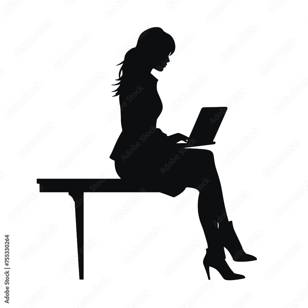 Vector silhouette of Girl sitting  with a laptop. silhouette vector illustration.