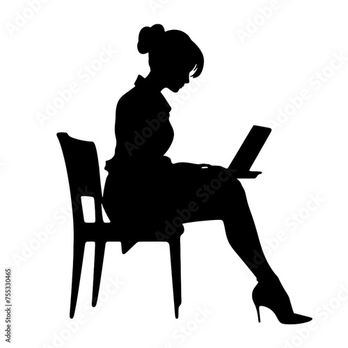 Vector silhouette of Girl sitting  with a laptop. silhouette vector illustration.