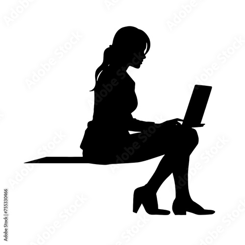 Vector silhouette of Girl sitting  with a laptop. silhouette vector illustration.