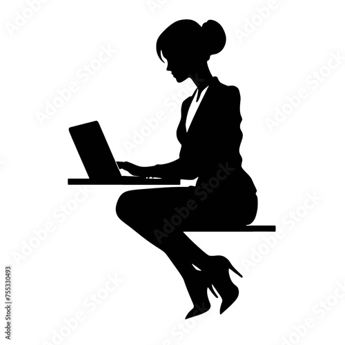 Vector silhouette of Girl sitting  with a laptop. silhouette vector illustration.
