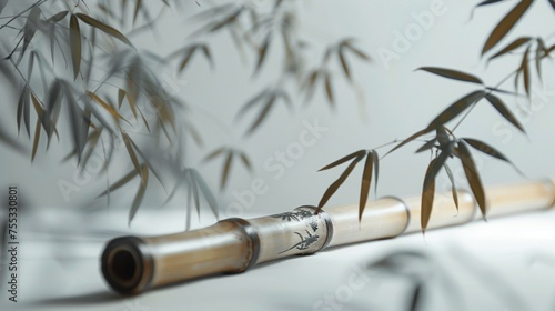 Traditional Chinese bamboo flute resting on white, its serene beauty and melodic potential captured in a timeless image. photo