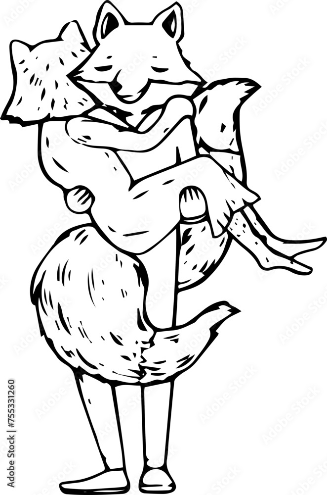 Fototapeta premium Hand drawn fox couple cartoon illustration on transparent background.