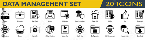 Accounting icon set. Containing Drawer,Briefcase,Bar Chart,Letter,Webpage,Data Protection,Setting,Like,Document,Web Setting,Portfolio,Risk Management. Mixed style