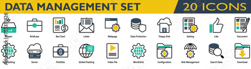 Accounting icon set. Containing Drawer,Briefcase,Bar Chart,Letter,Webpage,Data Protection,Setting,Like,Document,Web Setting,Portfolio,Risk Management. Mixed color style