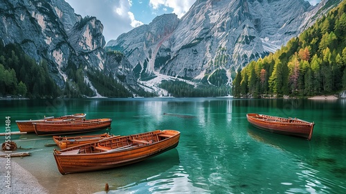 Boats on the Braies Lake ( Pragser Wildsee ) in Dolomites mountains, Sudtirol, Italy. copy space for text.