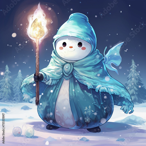 A snowman wizard casting spells with a cloak of icicles and a staff of frozen light photo