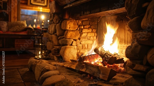 A cozy fireplace crackles with warmth and light, casting a cozy glow over the room and filling the air with the scent of burning wood on a chilly winter night.