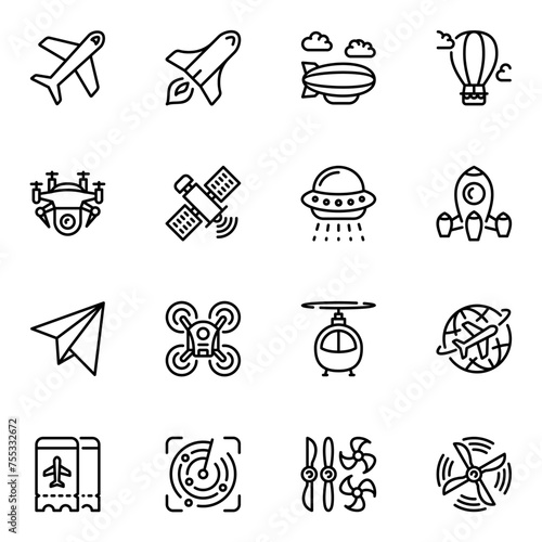Aircraft Related Vector Line Icons set. satellite, ticket, jet, wing, stroke, lined, plane, engine, flight, fly, flying, outline, vehicle, journey, commercial, passenger, graphic, spaceship