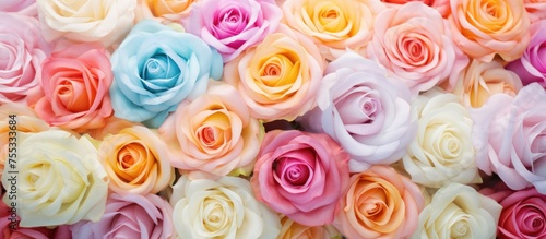A close-up view showcasing a bunch of colorful roses in various pastel shades, creating a vibrant and elegant floral display perfect for weddings and other special occasions.