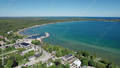 Drone aerial view of bailey's harbor on a sunny day in August photo