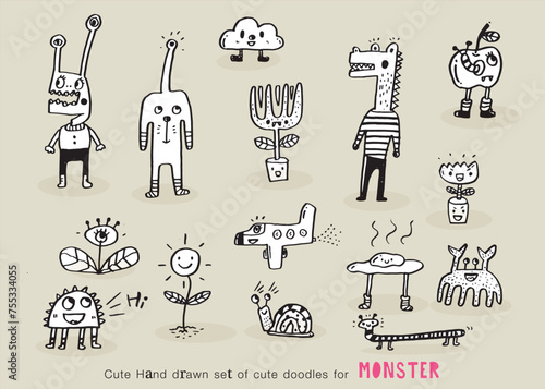 Cute monsters doodles.Cute monsters doodles,funny cool monsters, aliens or fantasy animals for children coloring books or t-shirts. Hand drawn line art cartoon vector illustration.
