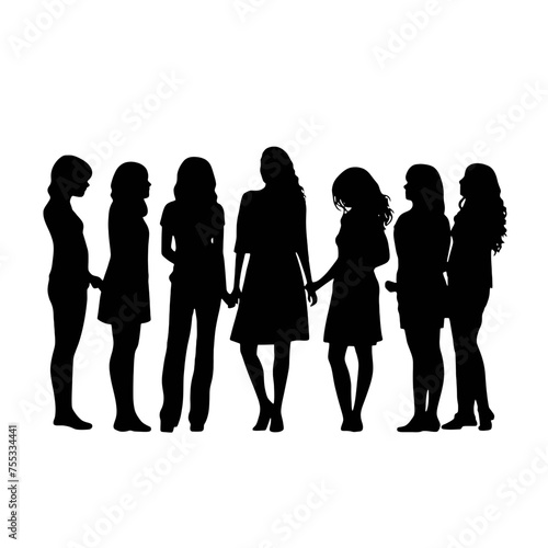 Vector silhouettes of a women, a group of standing and walking business people, black color isolated on white background