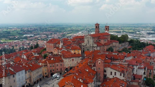 Mondovi cityscape and cathedral in Piedmont, Italy. Aerial drone forward view photo