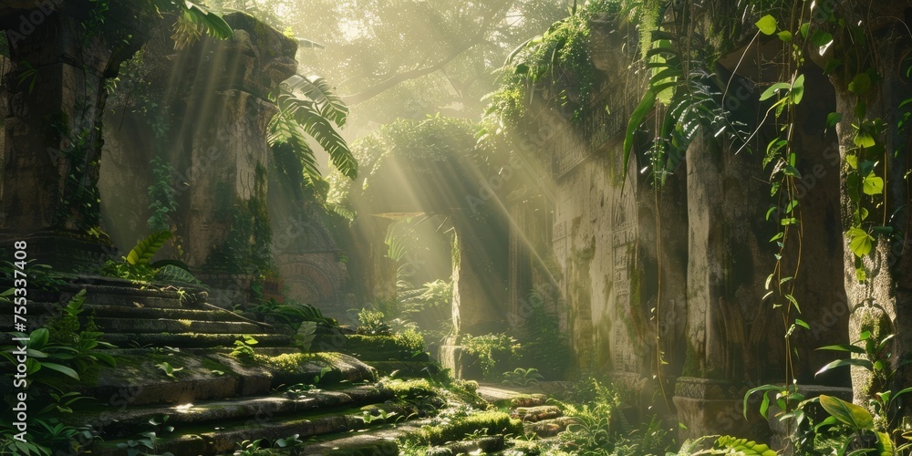 Ancient Library Hidden in the Jungle Background - Ancient library hidden within the depths of a lush jungle, its stone structures covered in moss and ivy created with Generative AI Technology - obrazy, fototapety, plakaty 