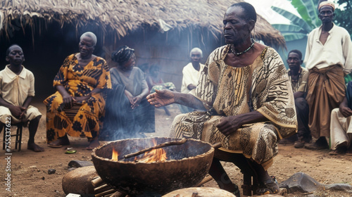 A solemn and serene atmosphere pervades a traditional African healing ceremony with a healer surrounded by chanting and drumming as he works to remove negative energy from photo