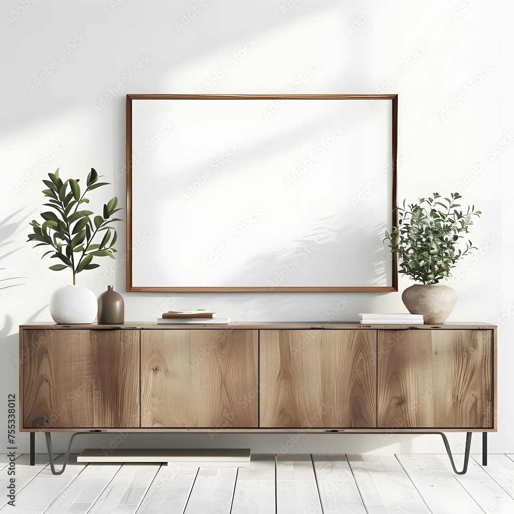 Modern living room interior mockup featuring a blank poster frame on a white wall above a wooden sideboard with a small green plant. Modern living room interior mockup featuring a blank poster frame on a white wall above a wooden sideboard with a small green plant.