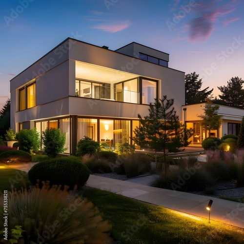 Luxurious modern house exterior illuminated by elegant evening lighting, highlighting the sophisticated design and well-manicured garden.