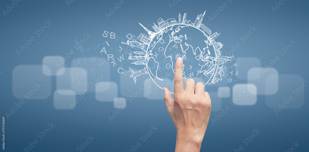 Hand pushing on touch screen interface Hand pushing on touch screen interface
